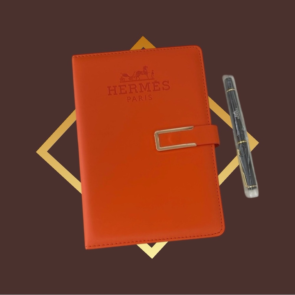 Hermès Notebook with Pen🖊Orange Vegan leather 8 1/2” x 5 3/4” GWP